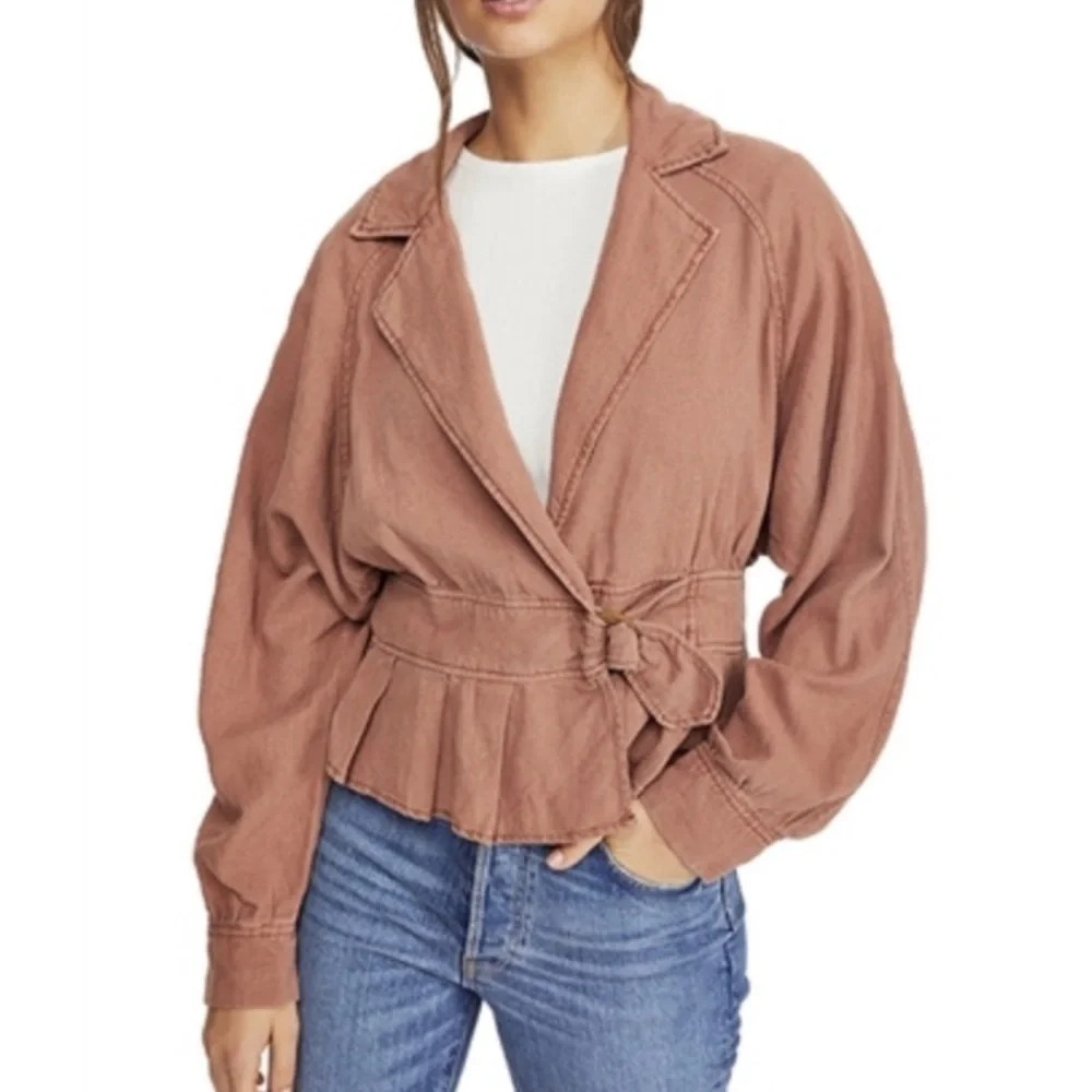 Free People Brown Joani Linen Blend Boho Peplum Jacket XS